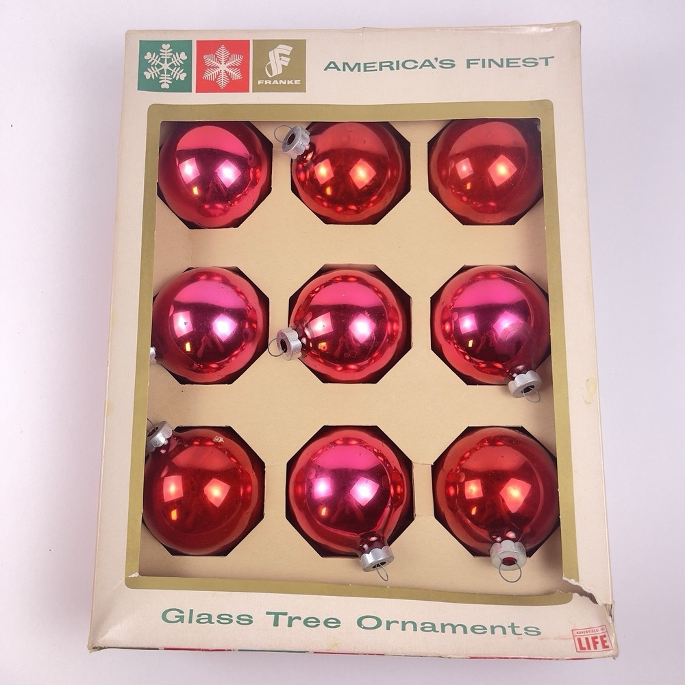 Vintage Franke Boxed Nine Glass Christmas Ornaments, Red